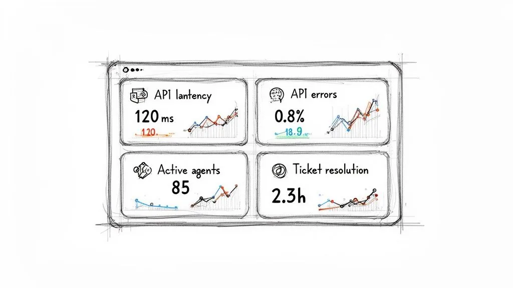 Hand-drawn sketch of a dashboard showing API latency, errors, active agents, and ticket resolution metrics with graphs.