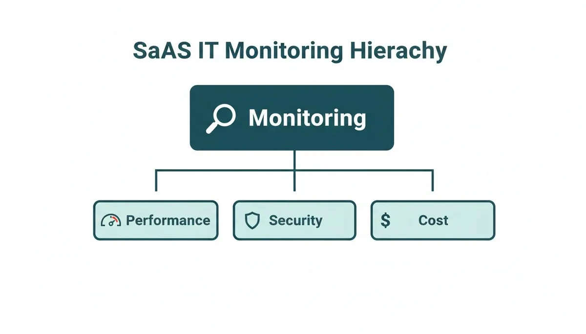 A hierarchical diagram illustrating SaaS IT Monitoring, showing it branches into Performance, Security, and Cost.