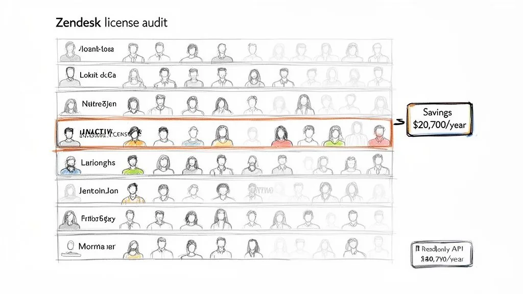 A Zendesk license audit showing a row of inactive users, indicating potential annual savings of $20,700.
