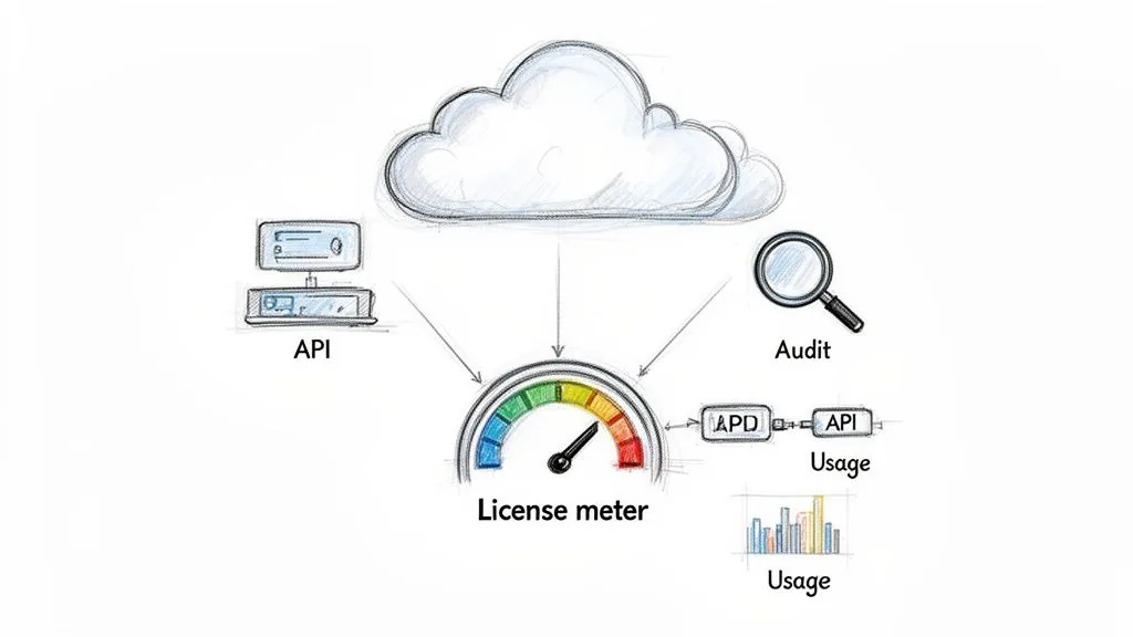 A diagram showing a cloud connecting to a license meter, fed by API and audit inputs, outputting usage data.