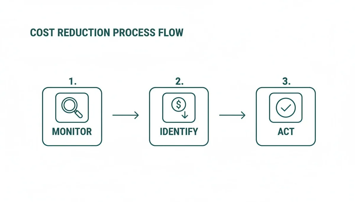 Flowchart illustrating a three-step cost reduction process: monitor, identify, and act.