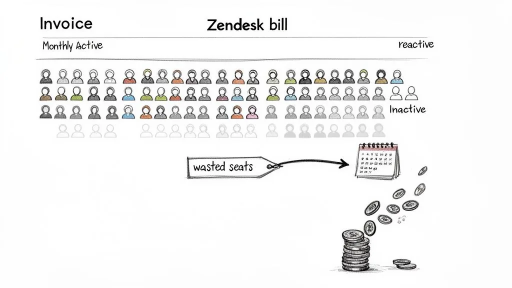Illustration of a Zendesk bill showing active and inactive user seats, highlighting wasted seats and financial cost.