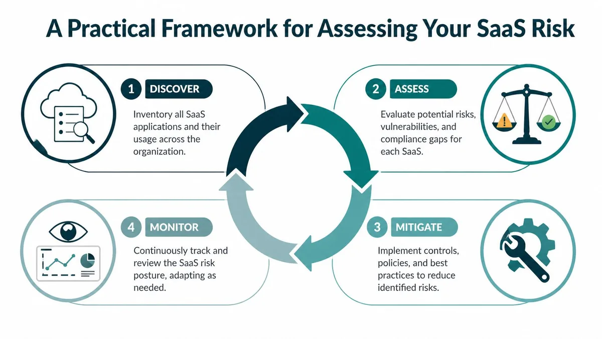 A four-step cycle chart illustrating a practical framework for identifying, assessing, mitigating, and monitoring SaaS application risks.