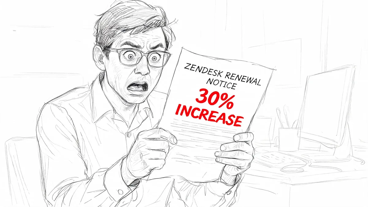A shocked man holding a document that announces a thirty percent price increase for a Zendesk renewal.