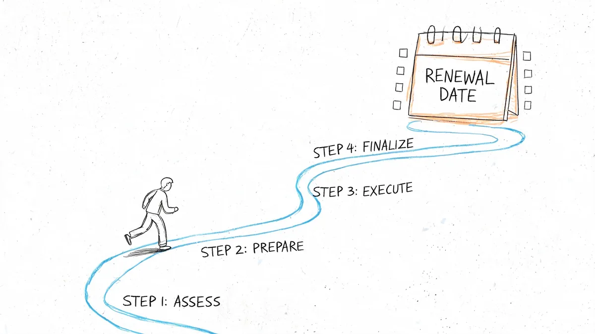 A hand-drawn illustration showing a person walking a path with four steps leading to a renewal date calendar.