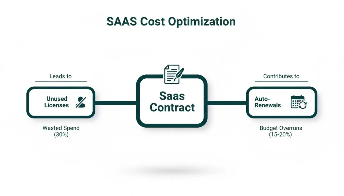 SaaS Cost Optimization diagram illustrating how contracts lead to unused licenses (wasted spend) and auto-renewals (budget overruns).