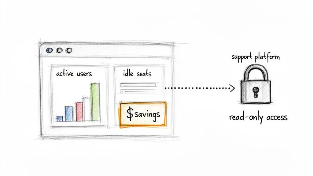 A hand-drawn sketch showing a web browser with user metrics and savings, linked to a locked support platform with read-only access.
