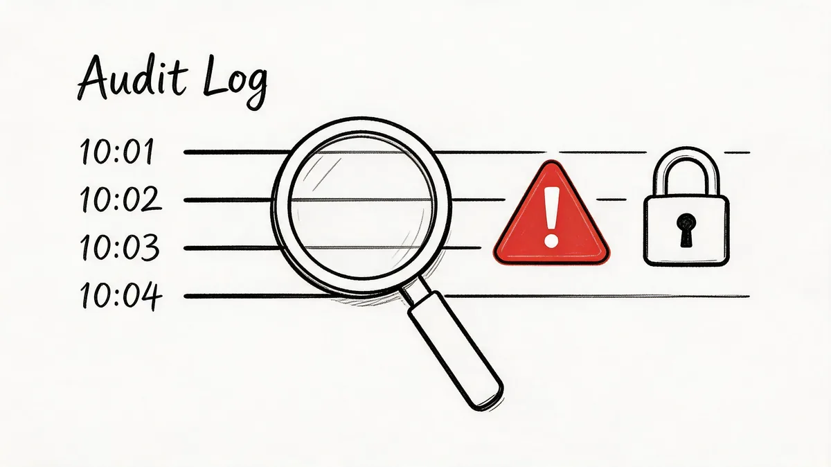 A hand-drawn illustration showing an audit log timeline with a magnifying glass, warning sign, and padlock icon.