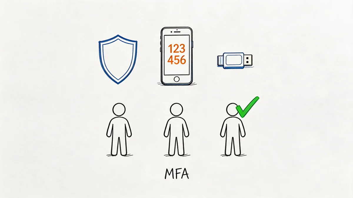 A hand-drawn illustration depicting multi-factor authentication tools like a shield, smartphone with codes, and a USB key.