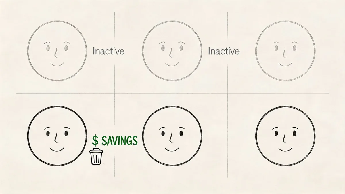 Illustration showing inactive versus active status icons with a trash can icon representing savings in SaaS.