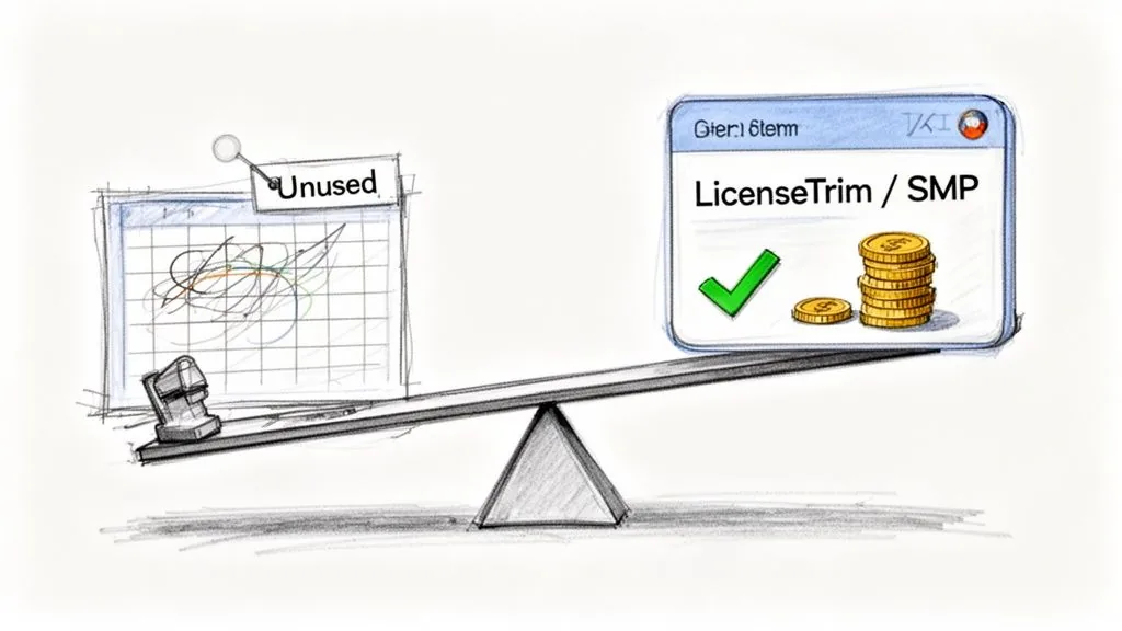A seesaw balancing heavy unused software licenses on one side and money-saving LicenseTrim/SMP on the other.