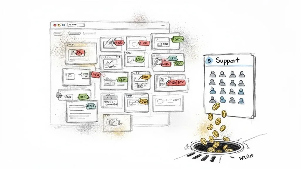Illustration of complex software management and features with cost tags, leading to high support waste.