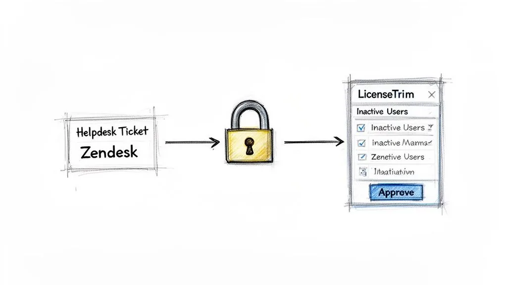 Sketch showing a process: Helpdesk Ticket (Zendesk) to a padlock icon, then to a LicenseTrim window managing inactive users for approval.