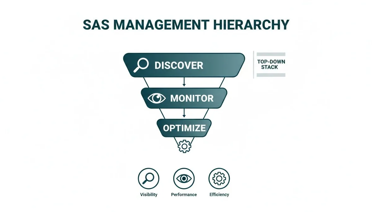 A top-down SAS management hierarchy diagram with stages: discover, monitor, and optimize.