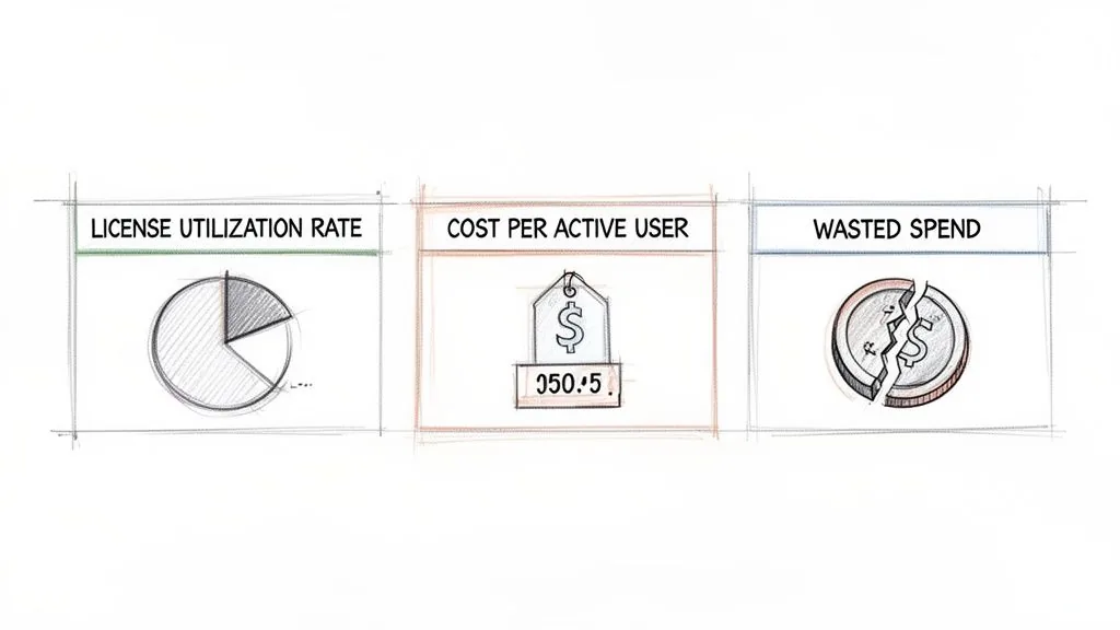 A sketch illustrating three key SaaS metrics: license utilization, cost per active user ($350.5), and wasted spend.