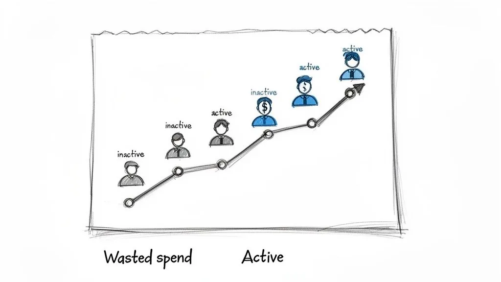 Hand-drawn graph illustrating user progression from inactive status and wasted spend to active engagement.