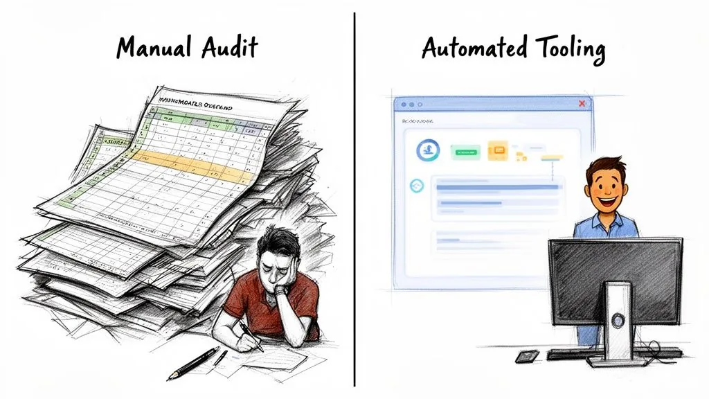 A comparison showing a stressed person doing a manual audit versus a happy person using automated tools.