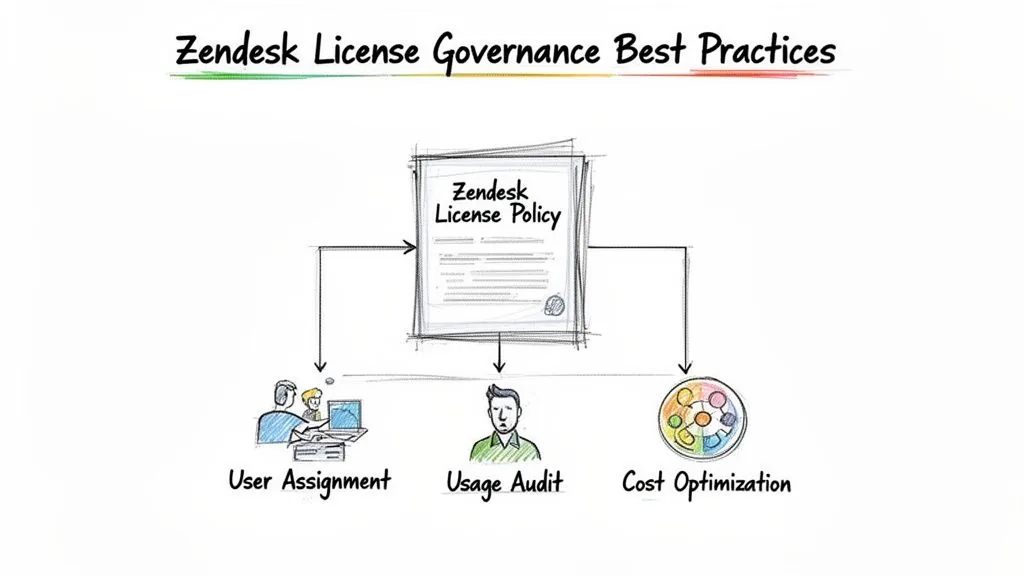 A diagram illustrating Zendesk license governance best practices involving user assignment, usage audit, and cost optimization.