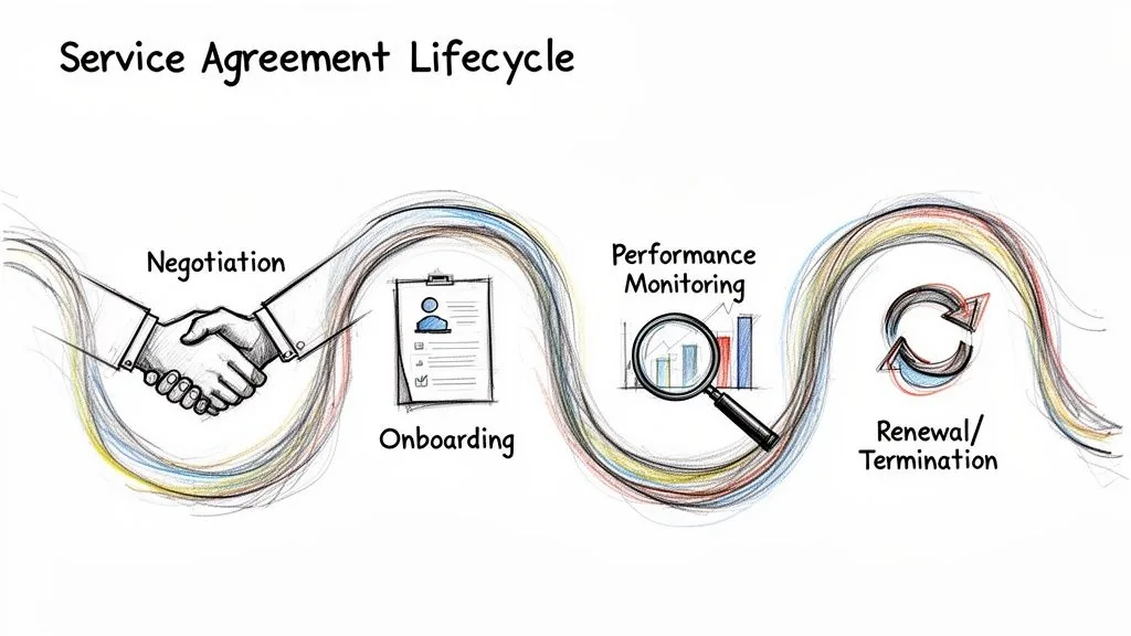 A hand-drawn illustration depicting the four stages of a service agreement lifecycle: negotiation, onboarding, performance monitoring, and termination.