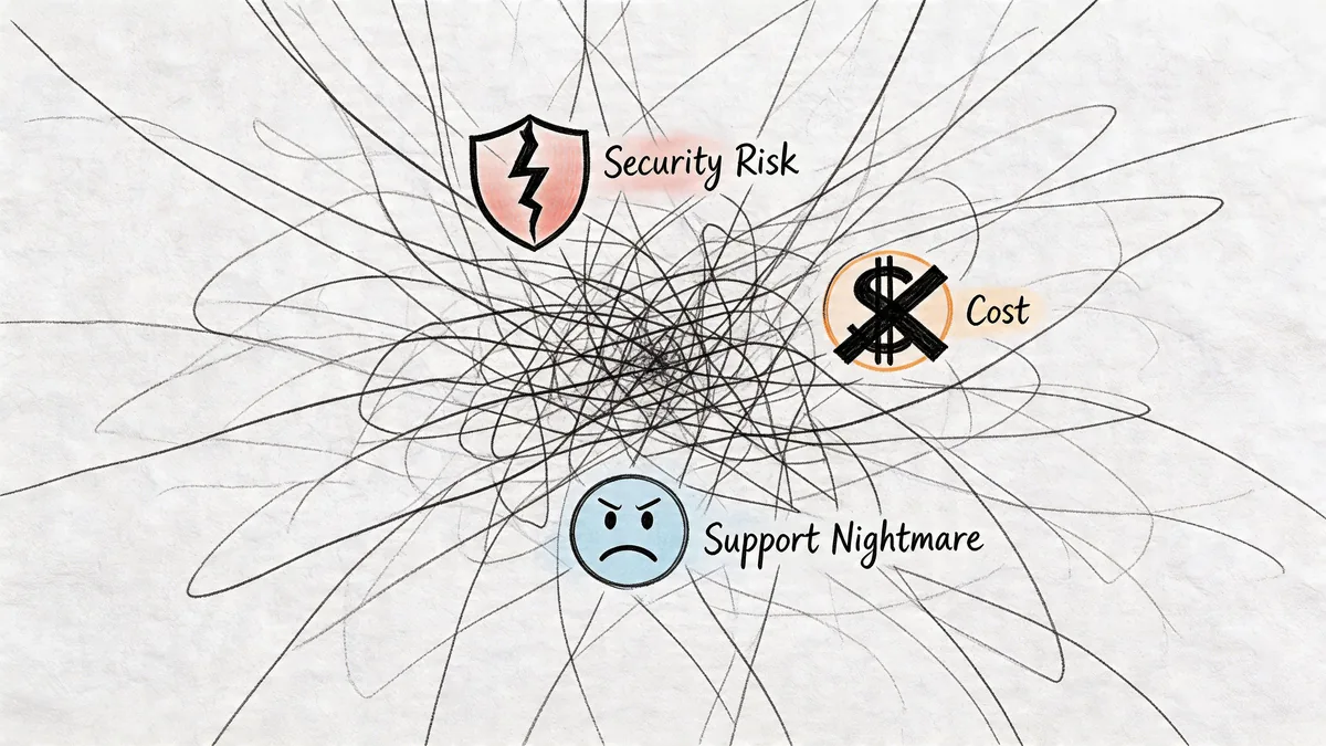 A conceptual diagram showing a chaotic scribble representing Shadow IT issues including security risks, high costs, and support nightmares.