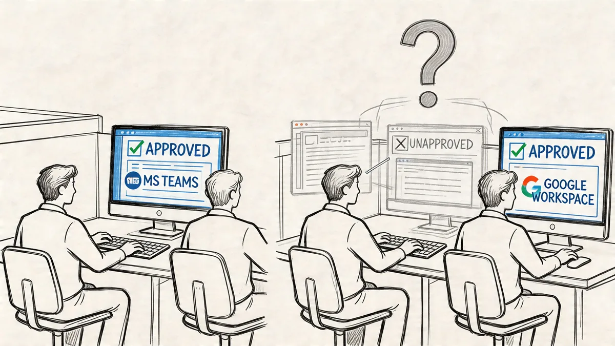 Line drawing of office workers comparing approved software platforms like MS Teams and Google Workspace versus shadow IT.
