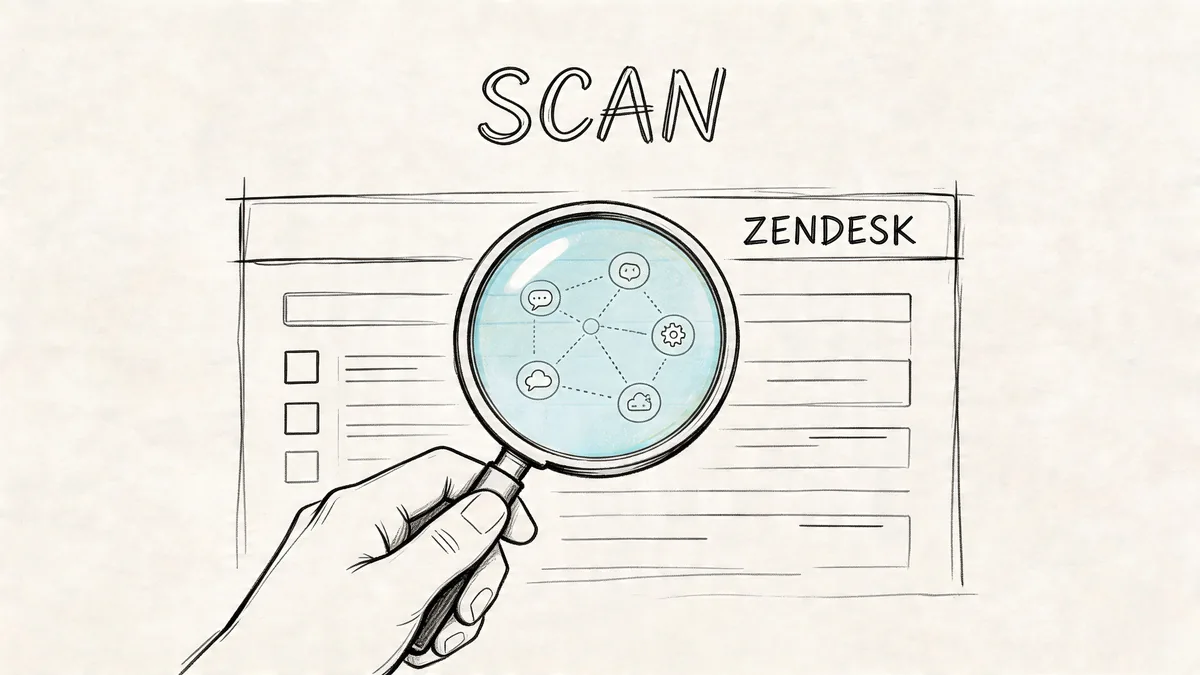 A hand holding a magnifying glass over a Zendesk interface, symbolizing IT discovery and shadow IT scanning.