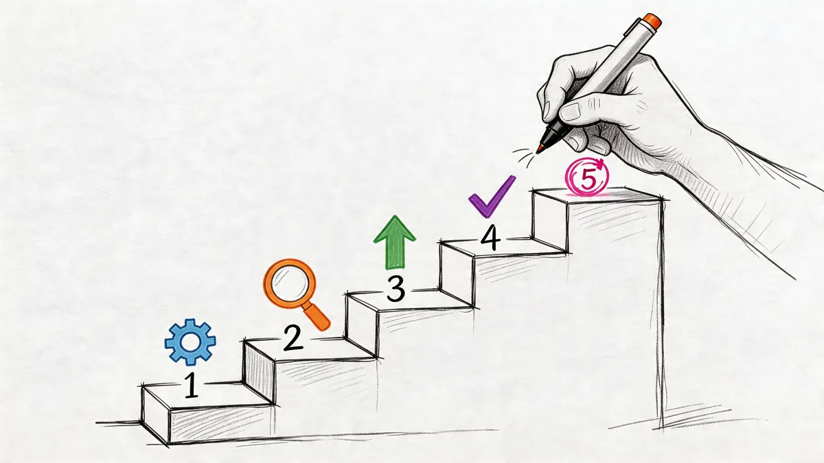 A hand drawing a five-step staircase process with icons for planning, analysis, improvement, completion, and iteration.