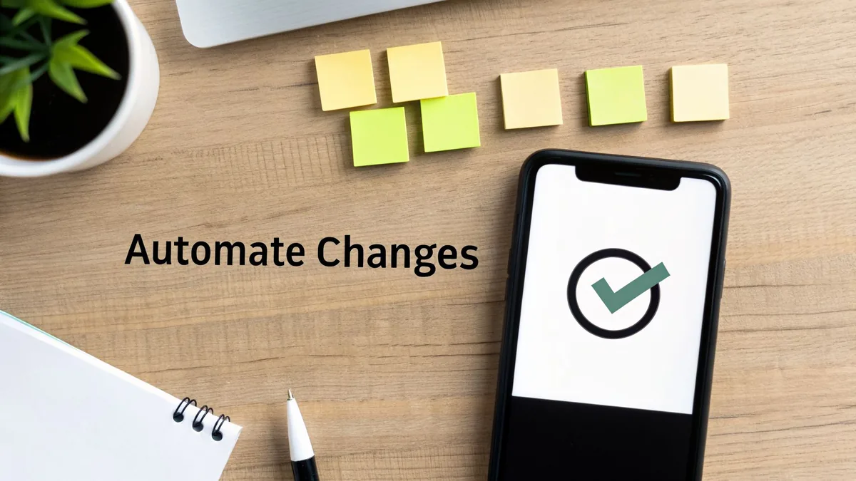 A desk with a smartphone showing a checkmark, sticky notes, a plant, and the text 'Automate Changes'.