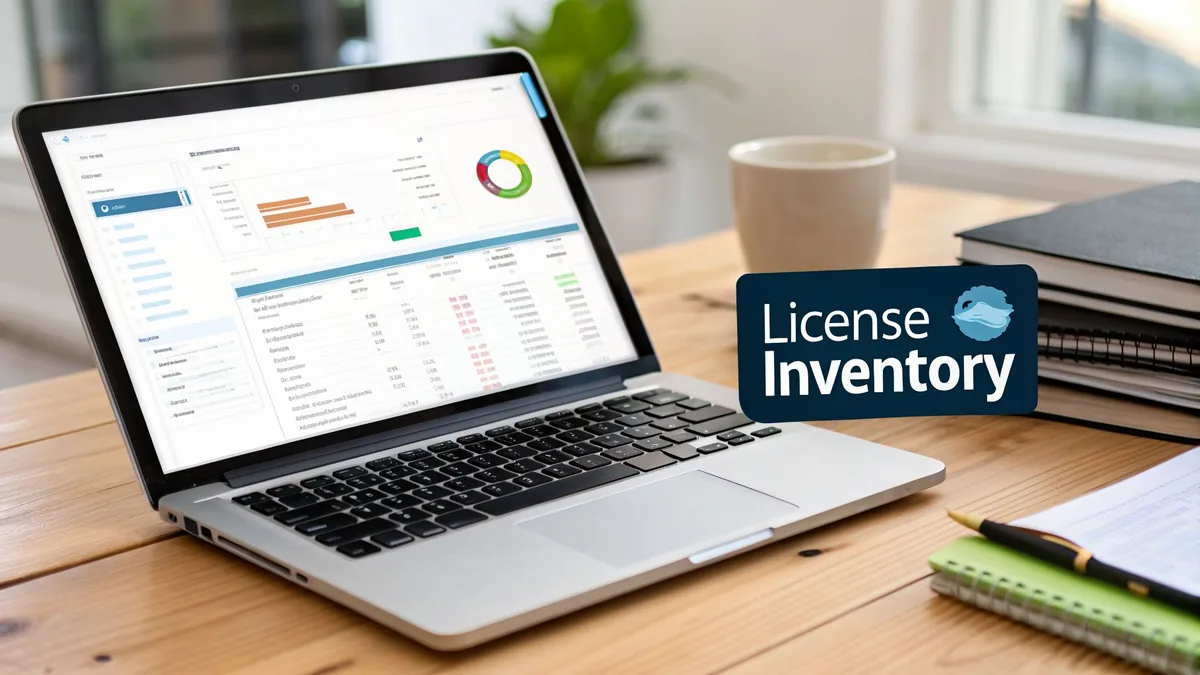 A laptop on a wooden desk displays software inventory data and charts, with a 'License Inventory' graphic.