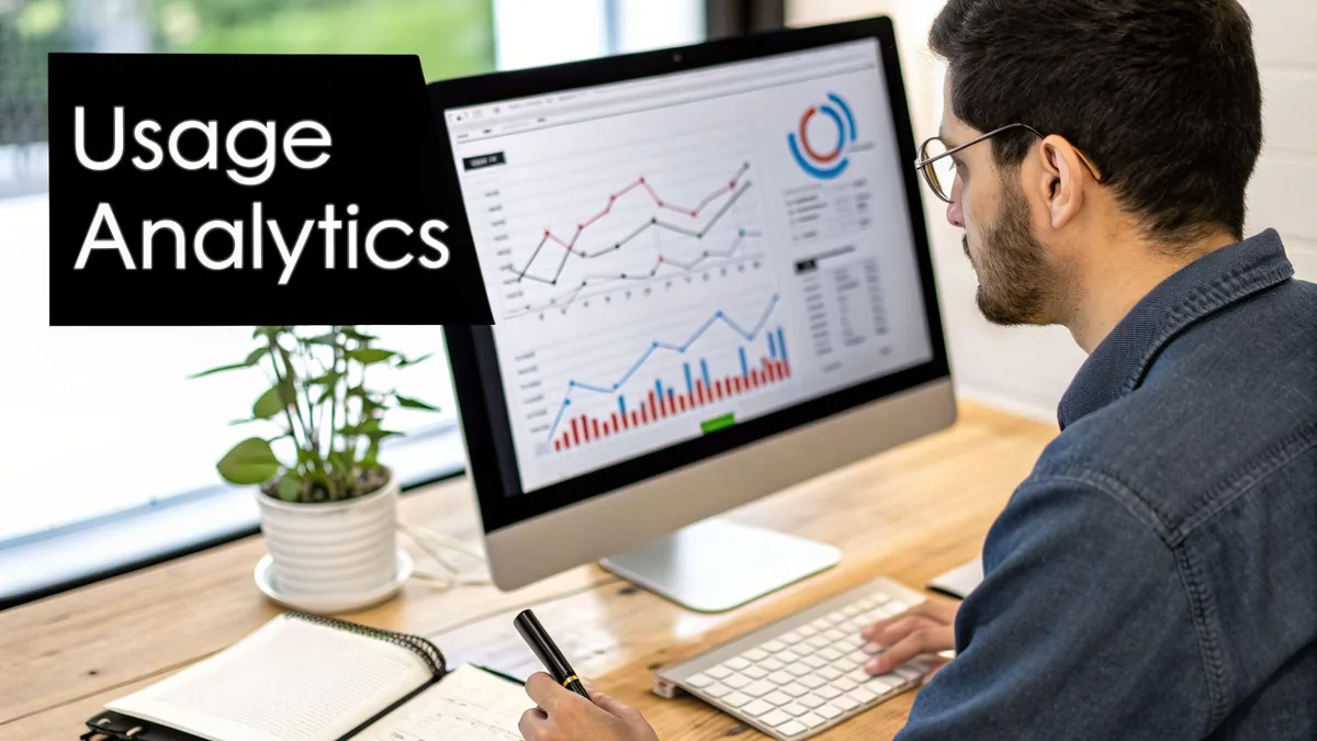 A man analyzes data graphs on a computer screen, demonstrating usage analytics.