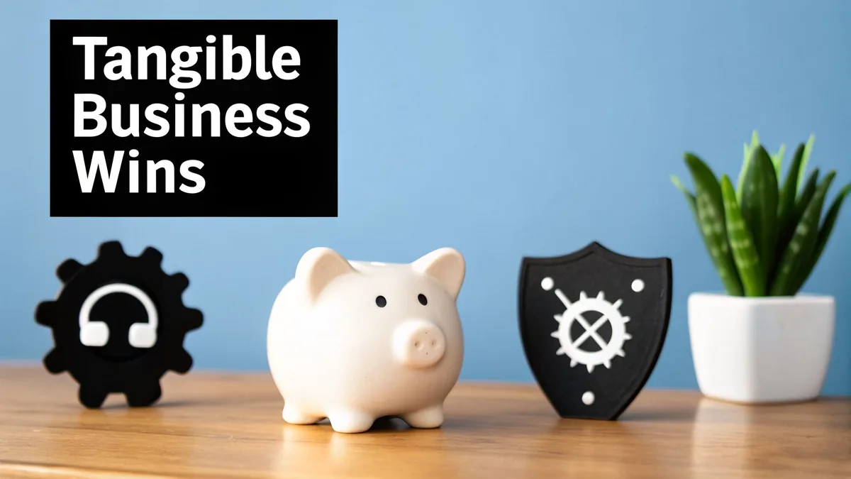 Text 'Tangible Business Wins' above a desk with a gear, piggy bank, shield, and plant.