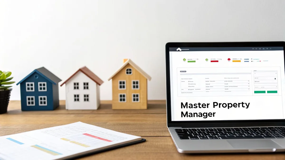Property management software on a laptop with model houses and financial reports on a desk.