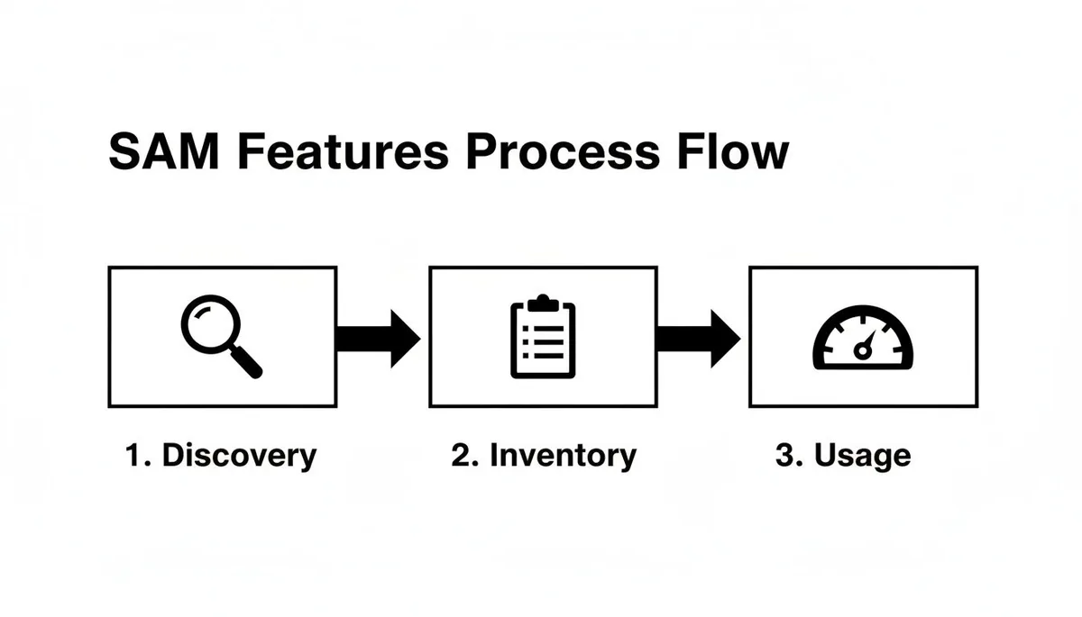 Flowchart illustrating the SAM features process, detailing Discovery, Inventory, and Usage steps with icons.