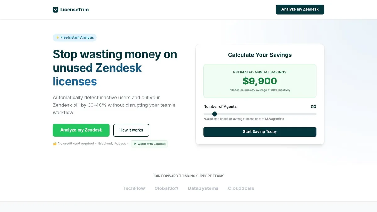 A dashboard showing potential savings on Zendesk licenses, with charts and numbers indicating inactive users and cost reduction opportunities.