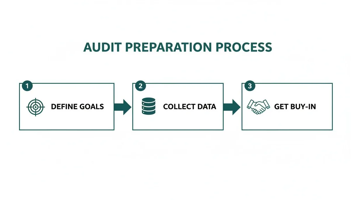 A three-step flowchart illustrating the audit preparation process: define goals, collect data, and get buy-in.