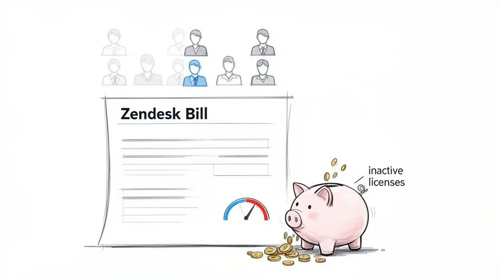A Zendesk bill shown with user icons and a piggy bank losing money from inactive licenses.