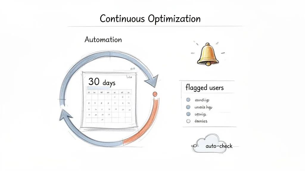 Diagram showing continuous optimization with a 30-day automation cycle, alerts, flagged users, and auto-check.