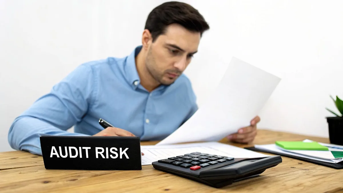 A man reviews documents on a desk with an 'AUDIT RISK' sign and calculator.