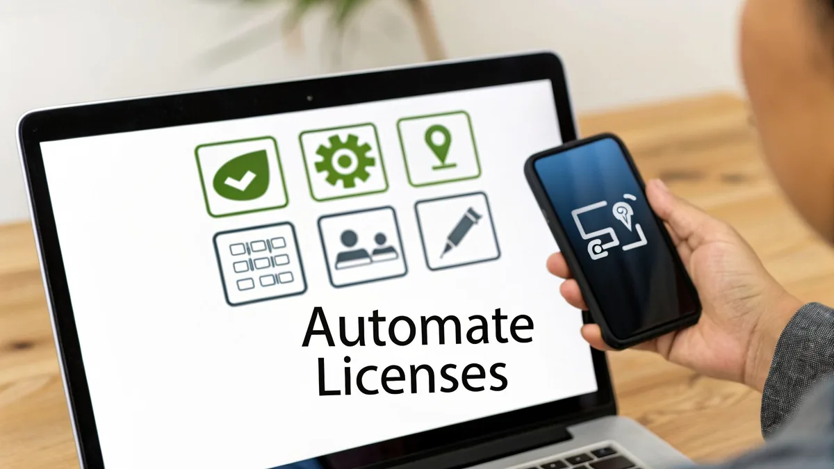 A person holds a smartphone next to a laptop displaying 'Automate Licenses' and various icons.