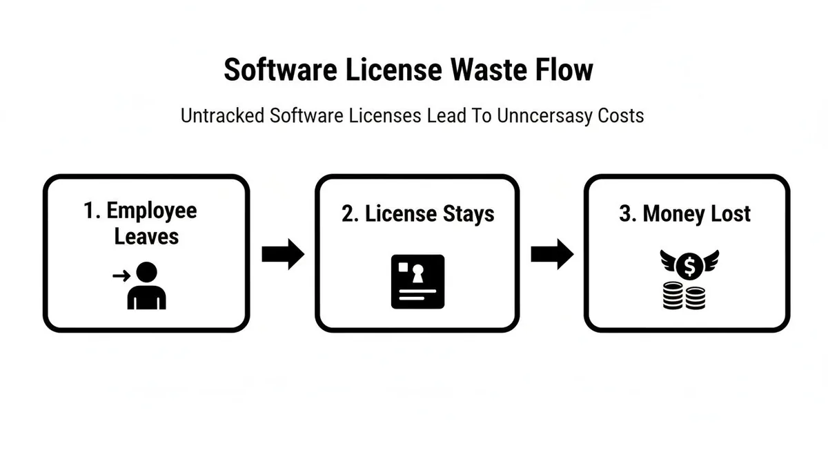 Flowchart showing how untracked software licenses lead to money loss when an employee leaves.