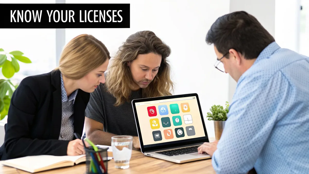 Three colleagues reviewing software license applications on a laptop during a meeting.