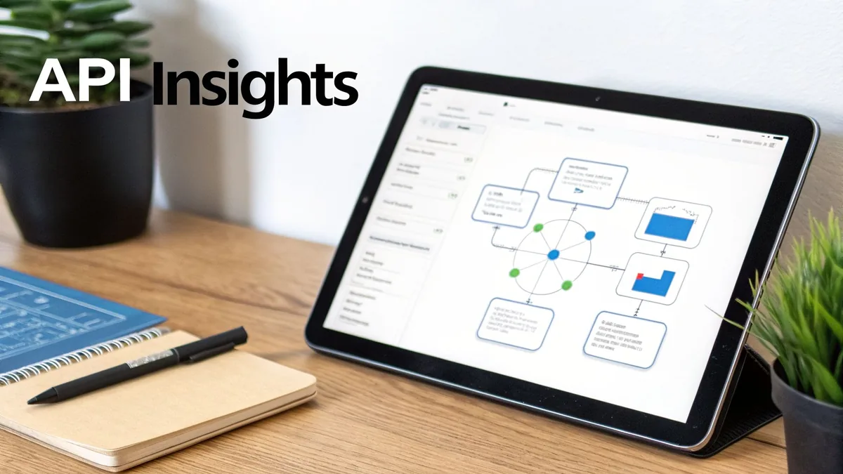 A tablet on a wooden desk displaying an API insights diagram, next to a notebook and pen.
