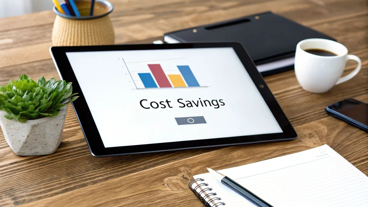 A tablet on a wooden desk shows 'Cost Savings' and a graph, beside a plant and coffee.