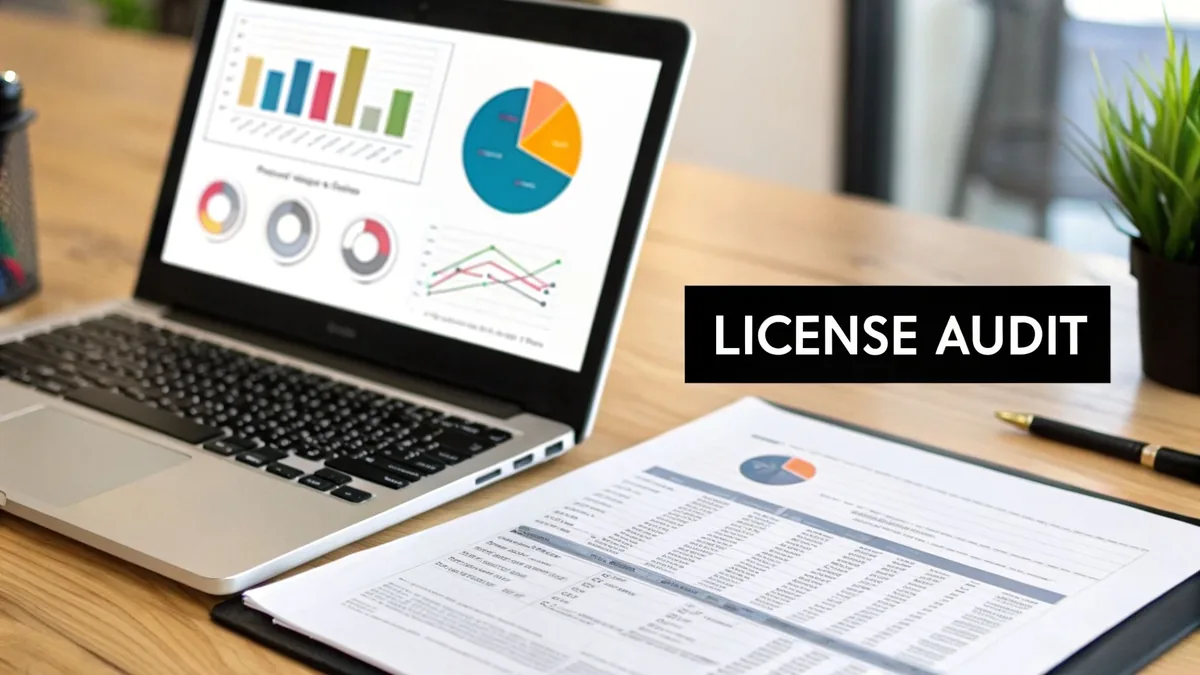 A laptop displaying data charts, financial documents, and a 'License Audit' sign on a wooden desk.