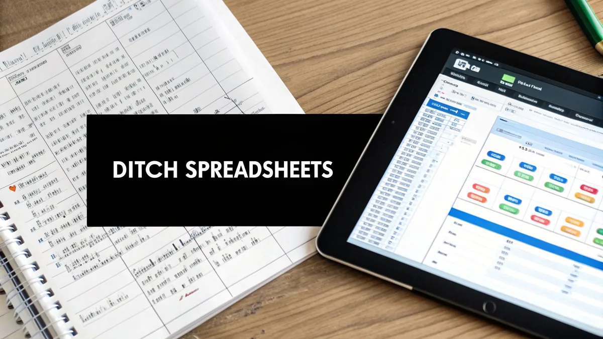 A physical ledger next to a tablet displaying a digital data management interface, with text 'DITCH SPREADSHEETS'.