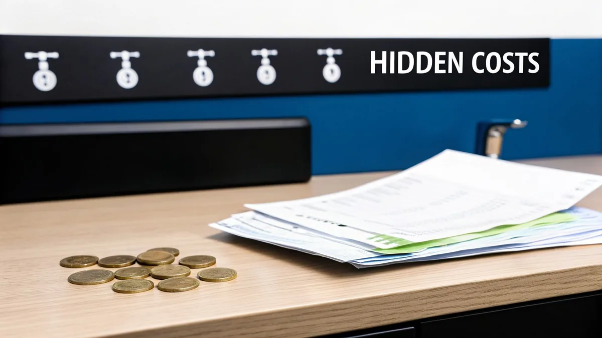 A wooden desk with coins, a stack of bills, and a sign overhead reading 'HIDDEN COSTS'.