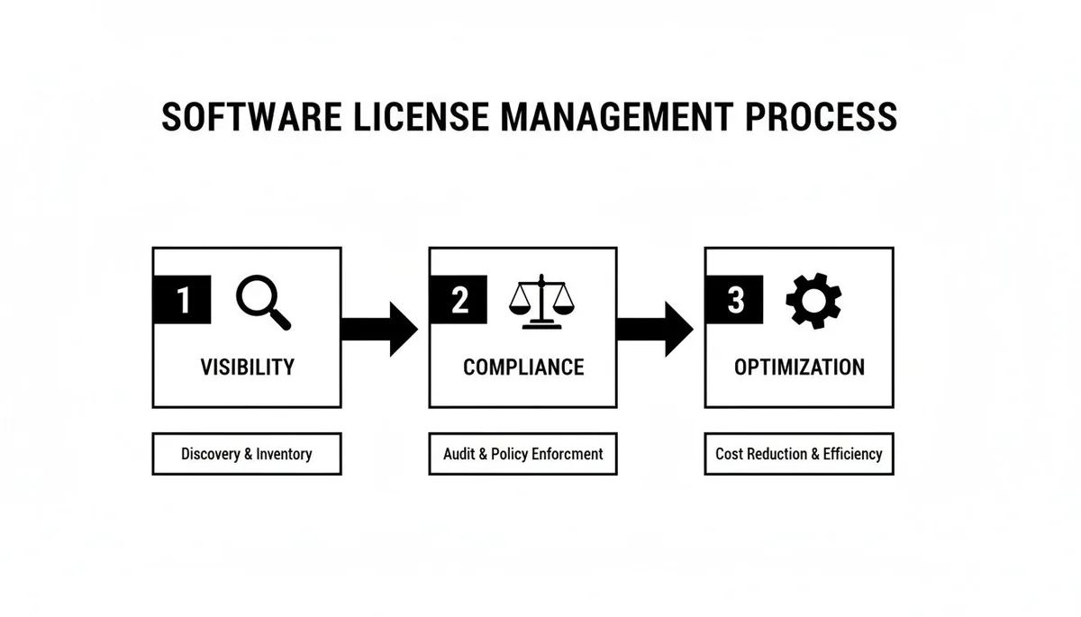 A flowchart illustrating the three-step software license management process: visibility, compliance, and optimization.