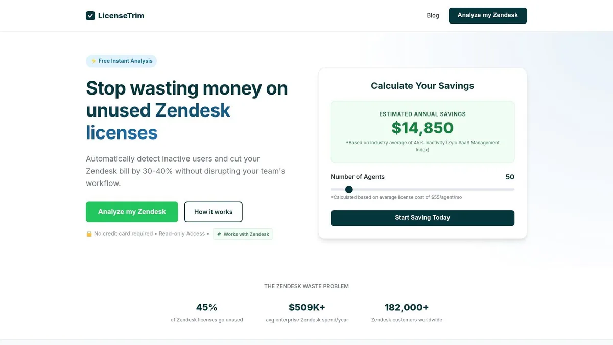 LicenseTrim dashboard showing potential savings on Zendesk licenses