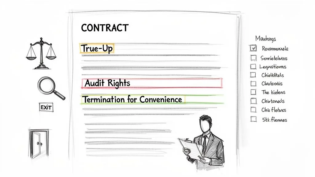 A sketch of a contract document displaying terms like 'True-Up' and 'Audit Rights', with legal icons.
