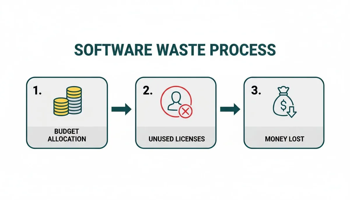 An infographic illustrating the software waste process: budget allocation leads to unused licenses, resulting in money lost.
